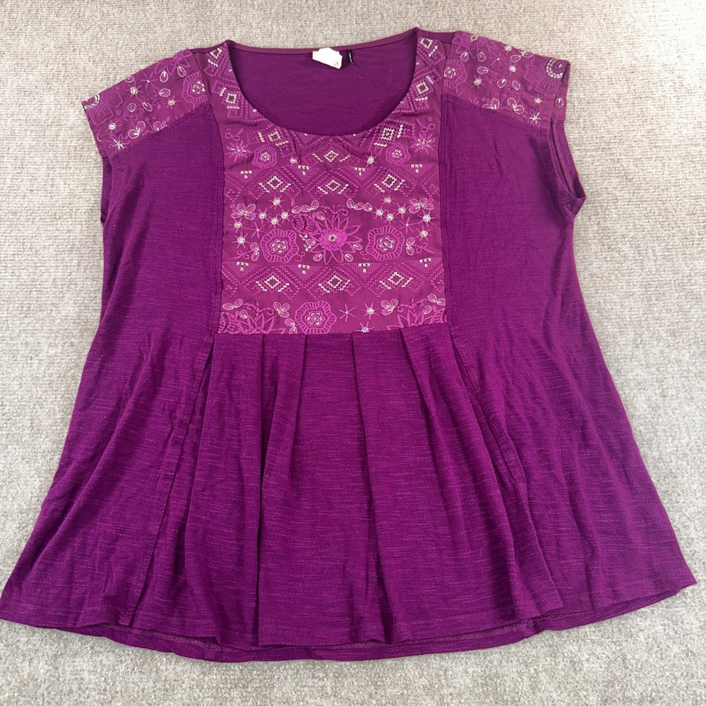 Akemi + Kin Anthropologie Purple Embroidered Boho Pleated Blouse XS